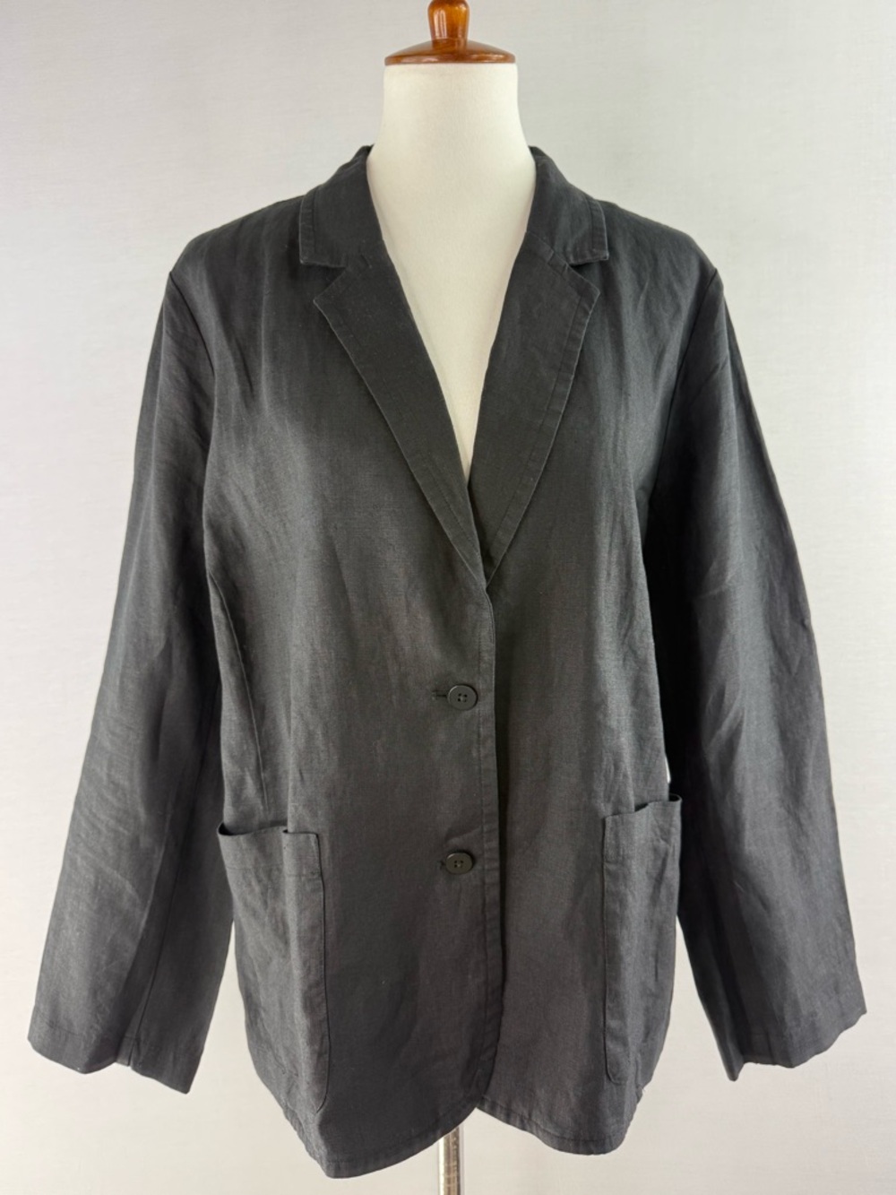 Eileen Fisher Black Organic Linen Notch Lapel Two Button Blazer Jacket